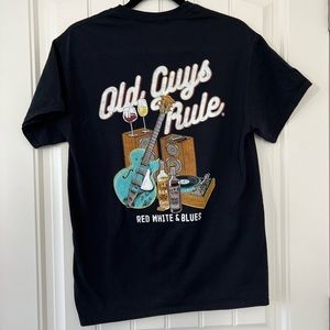 NWOT Old Guys Rule ‘Red, White & Blues’ Guitar & Records Cotton Black Tee Shirt